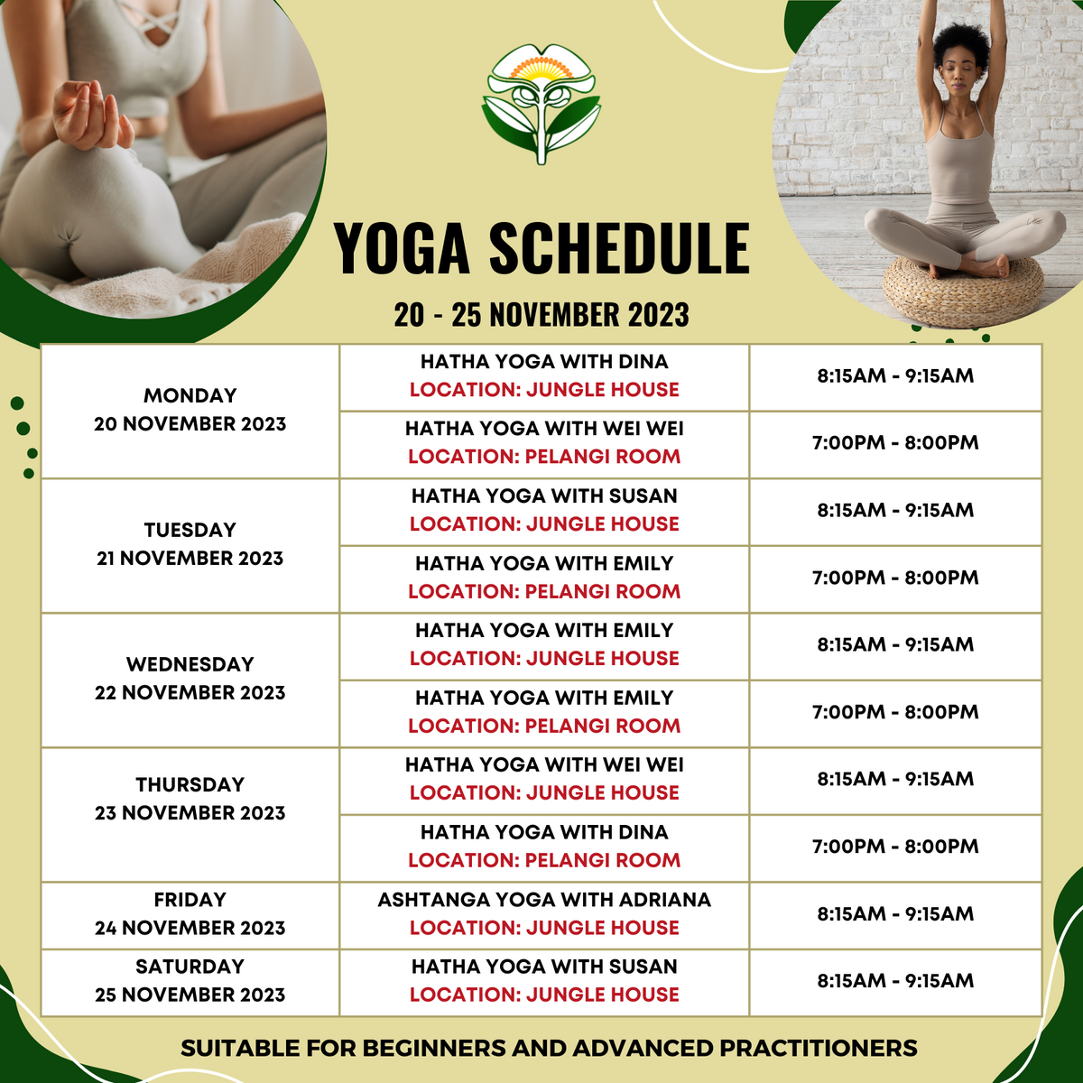 Yoga Schedule 20 25 November 2023 Panaga Club