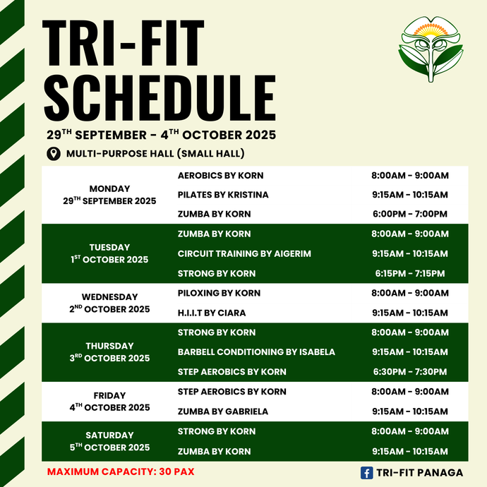 Tri-fit Schedule 29 September to 4 October 2025