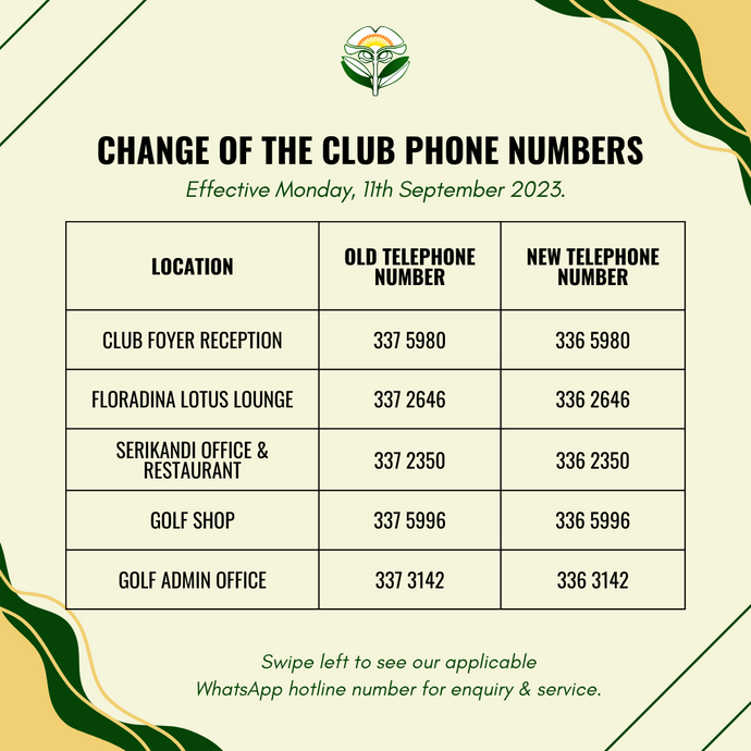 Change of The Club Phone Numbers