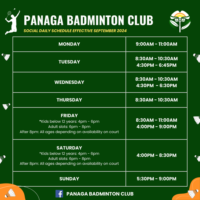 Updated Panaga Badminton Social Daily Schedule Effective September 2024