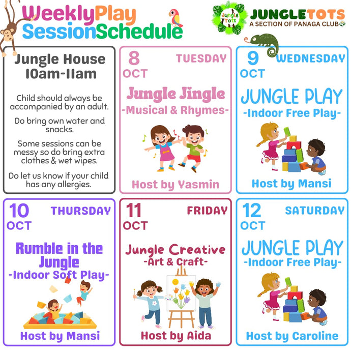 Jungle Tots Play Session Schedule 8 - 12 October