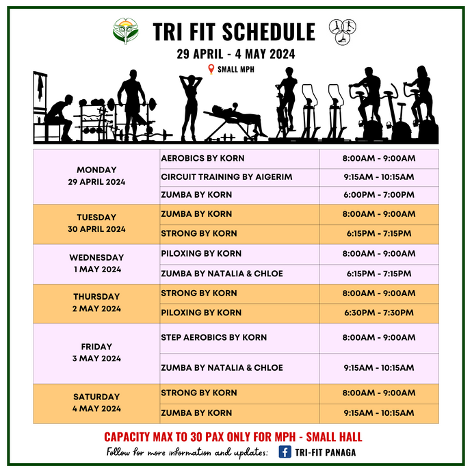 Tri-fit Schedule 29 April to 4 May 2024