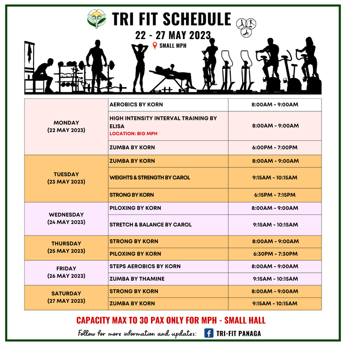 Tri-Fit Schedule 22 to 27 May 2023