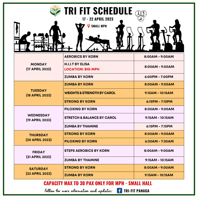 Tri-Fit Schedule for 17 - 22 April 2023