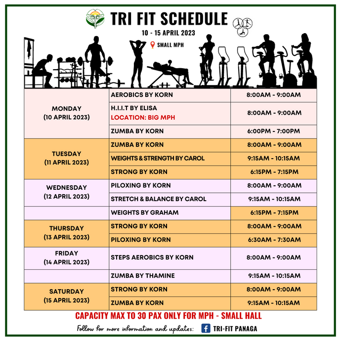 Tri-Fit Schedule for 10 - 15 April 2023