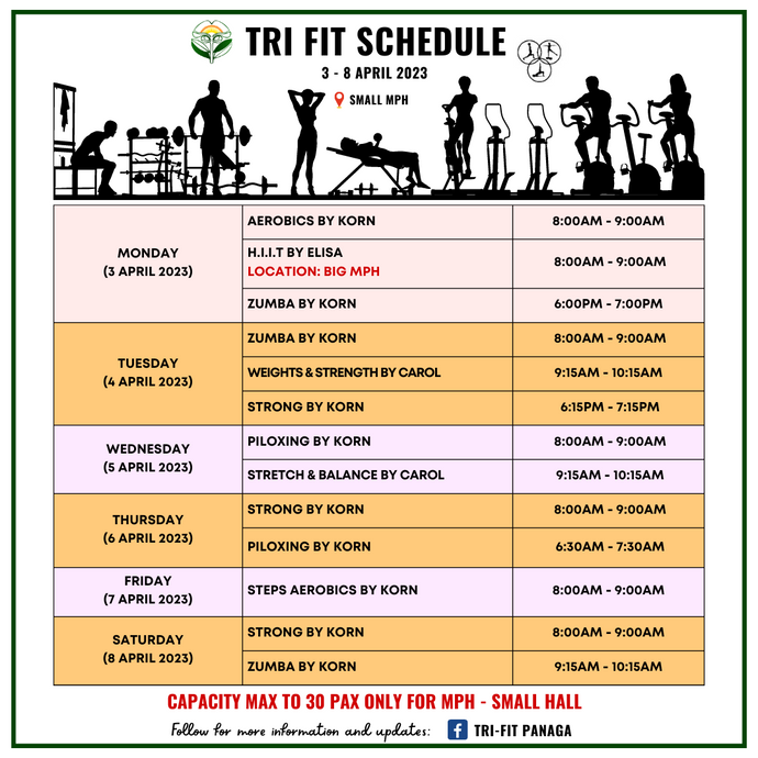 Tri-Fit Schedule for 3 - 8 April 2023