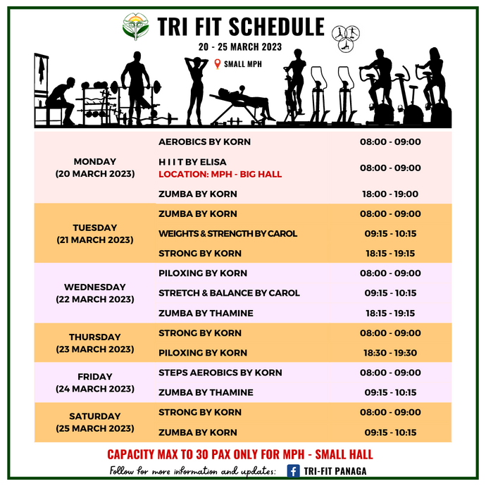 Tri-Fit Schedule for 20 - 25 March 2023