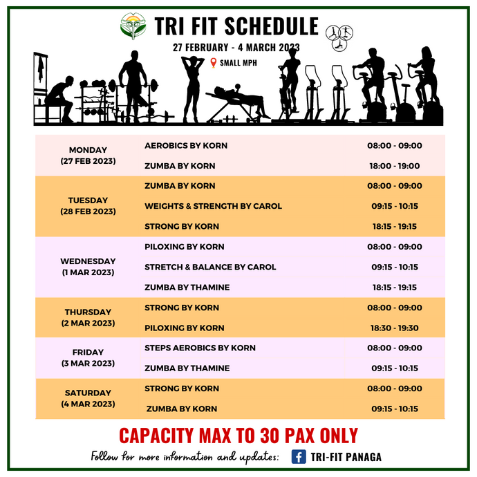 Tri-Fit Schedule for 27 Feb - 4 Mar