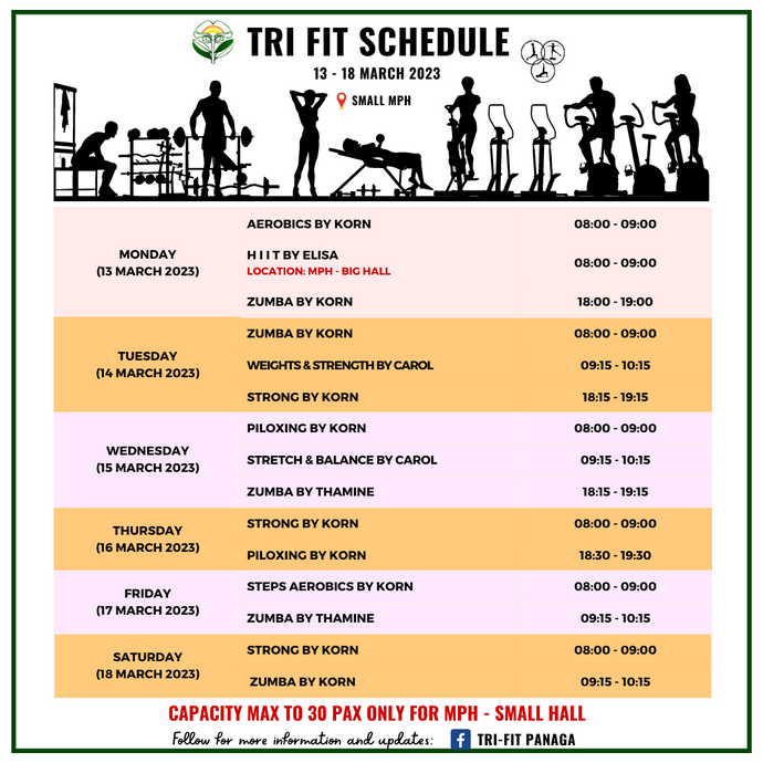 Tri-Fit Schedule for 13 - 18 March 2023