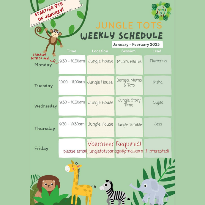 Jungle Tots Schedule For January to February 2023